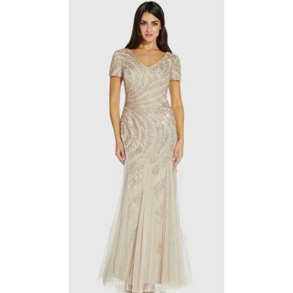 Adrianna Papell Maxi Dress Womens 14 Beaded‎ Tulle Short Sleeve Formal Event NWT
